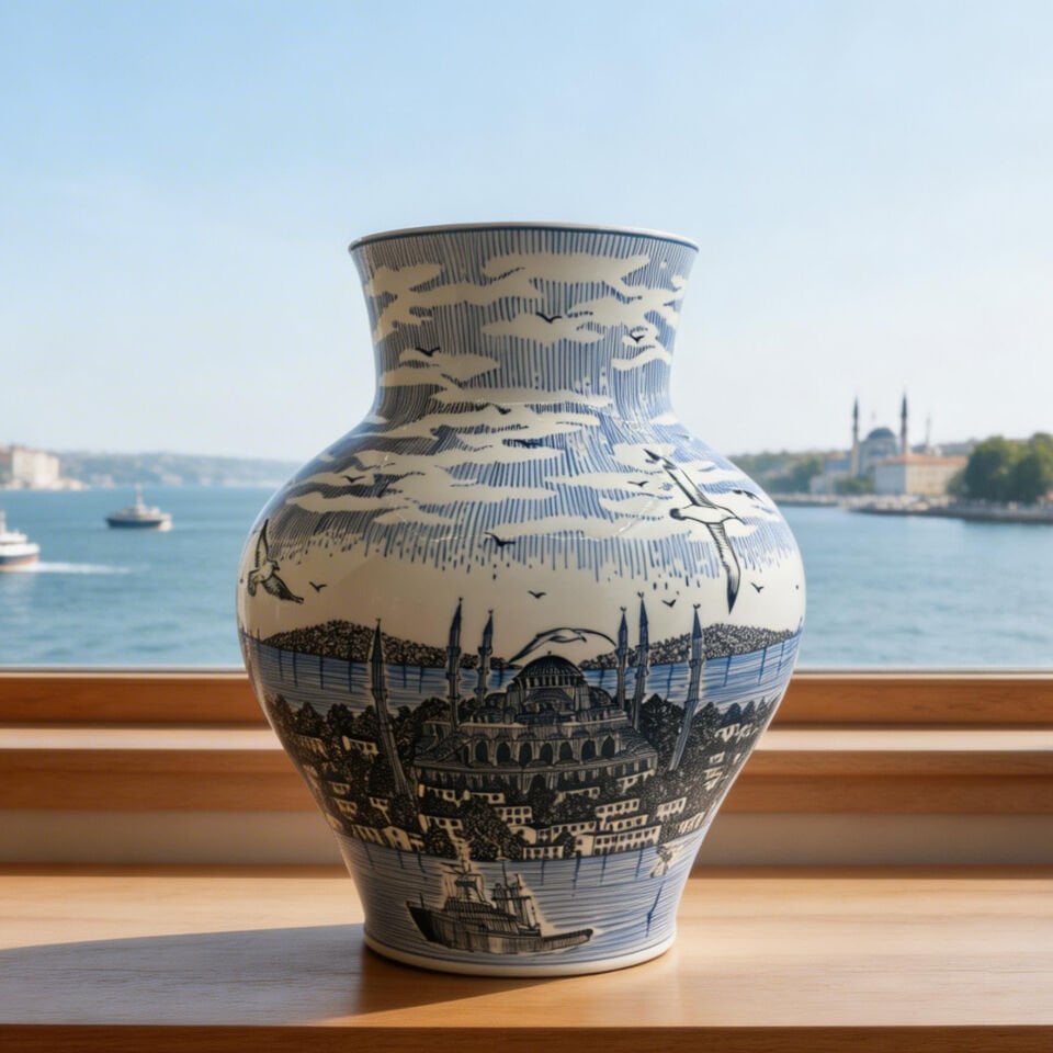 İSTANBUL SİLUETİ ATA VAZO SİYAH & MAVİ
